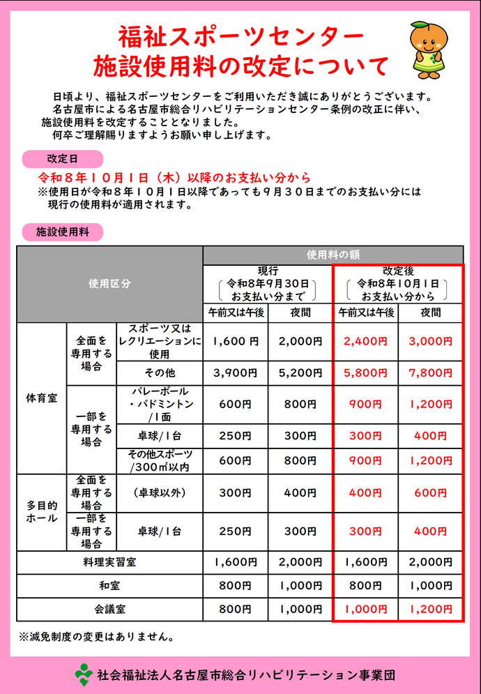 福祉スポーツセンター施設飼料用の改定についてのお知らせ画像